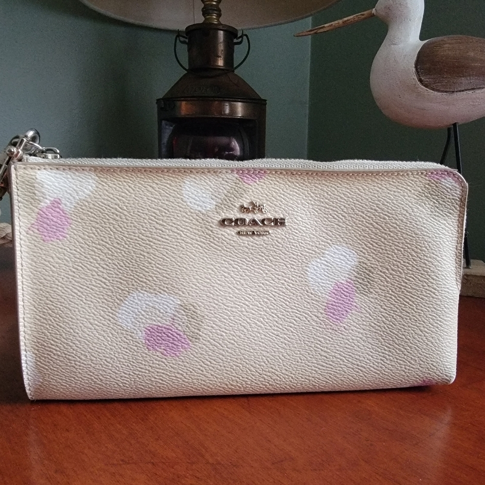 Coach 53842 Floral Print Leather Corner Zip Wristlet Wallet Pink Cream